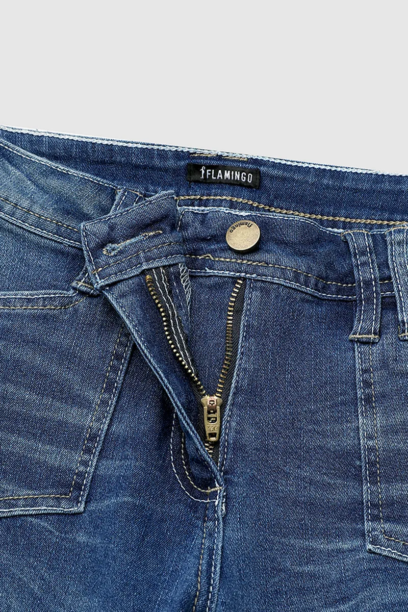 Flap Pocket Roll Hem Bermuda Denim Shorts Without Belt