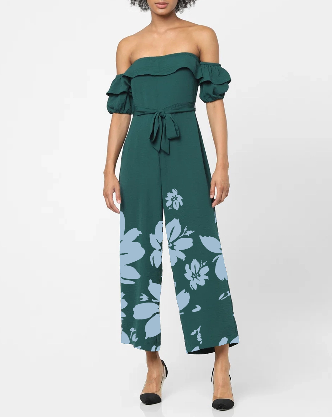 Emerald Green Off Shoulder Floral Print Jumpsuit