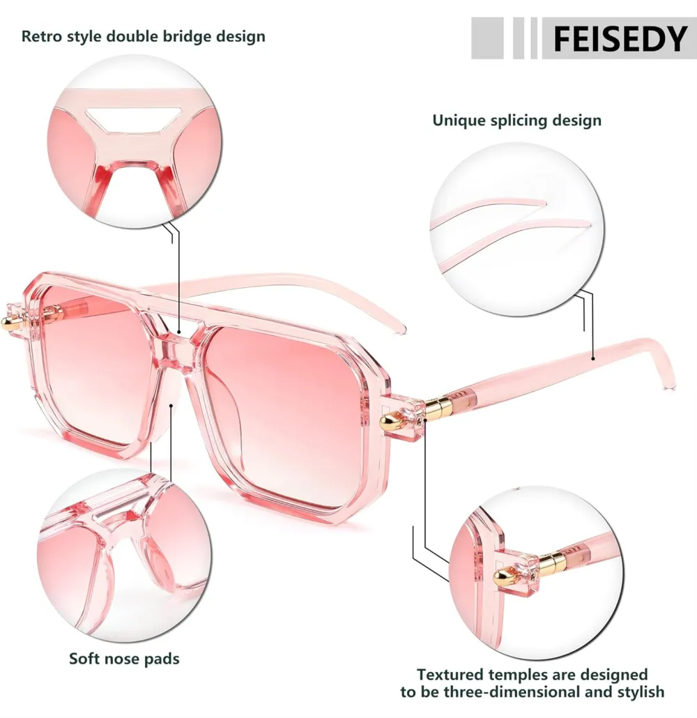 FEISEDY Vintage Square 70s Flat Aviator Sunglasses Women Men Classic Retro Stylish Frame UV400 Sunglasses B2622