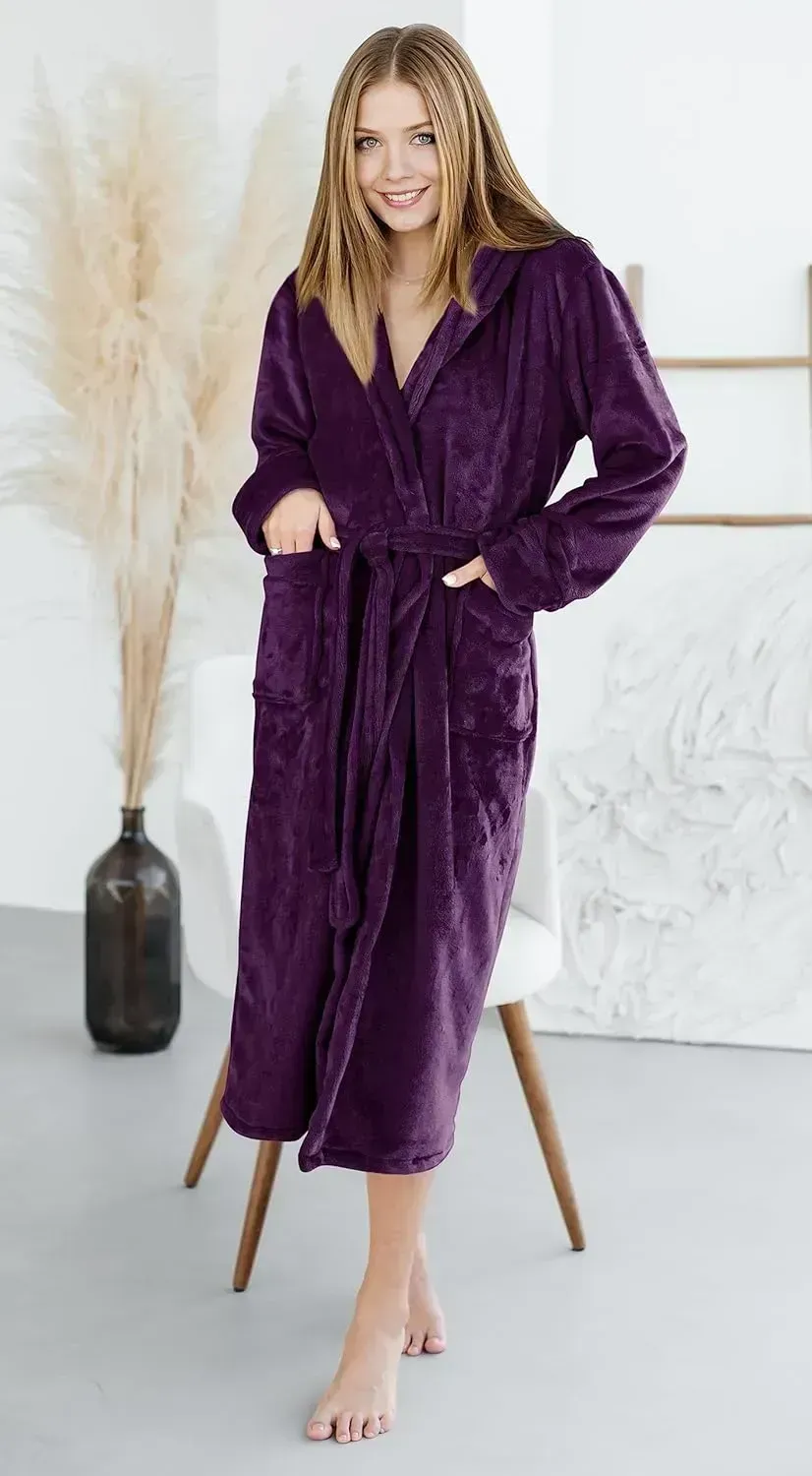 Women Fleece Shawl Collar Bathrobe - Plush Long Robe