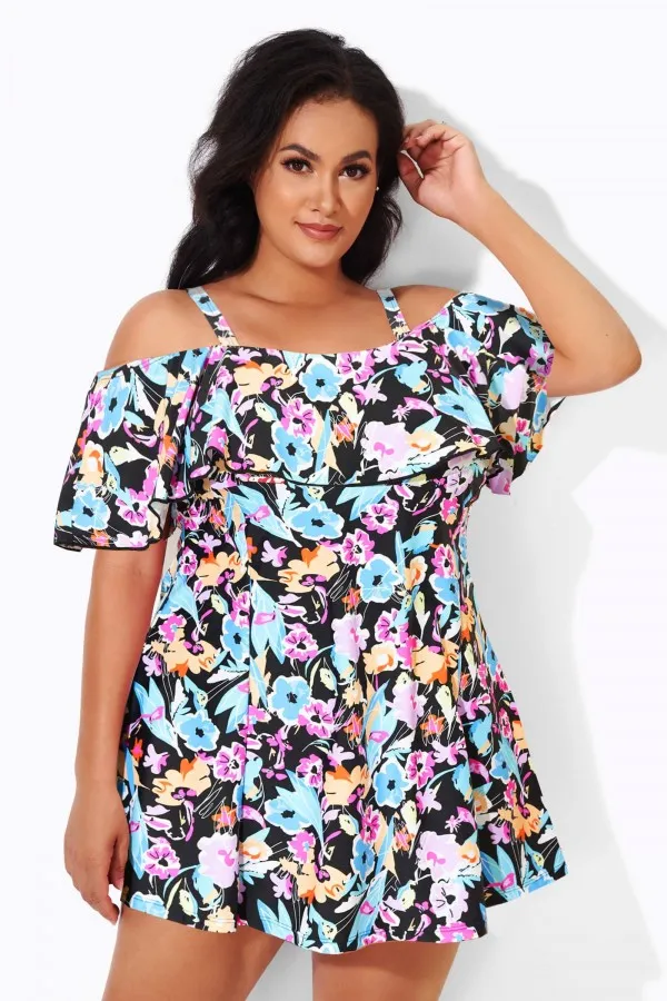 Solid Black Adjustable Straps Women Swimdress
