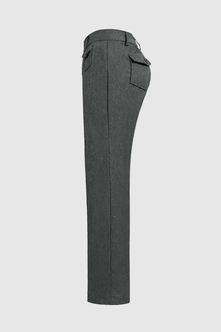 Solid Flap Pocket Button Up Mid Rise Straight Leg Pants