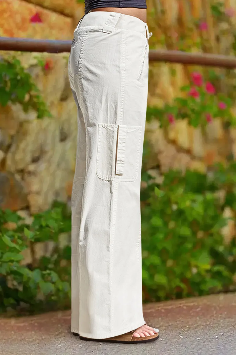 Drawstring Waist Tape Pocket Stitch High Rise Straight Pants