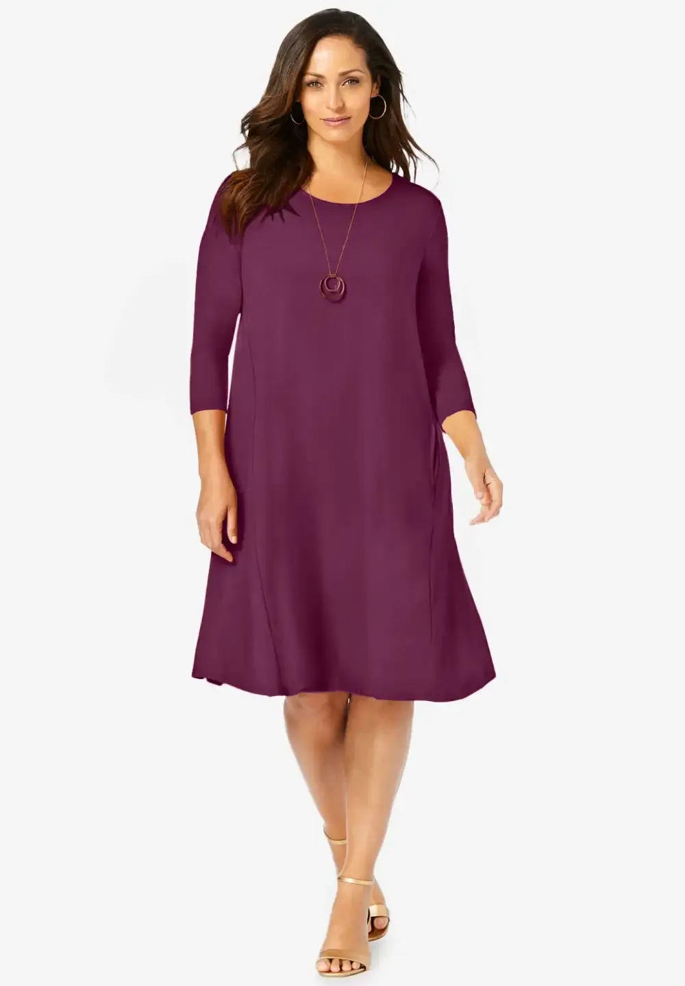 Stretch Knit Three-Quarter Sleeve T-shirt Dress