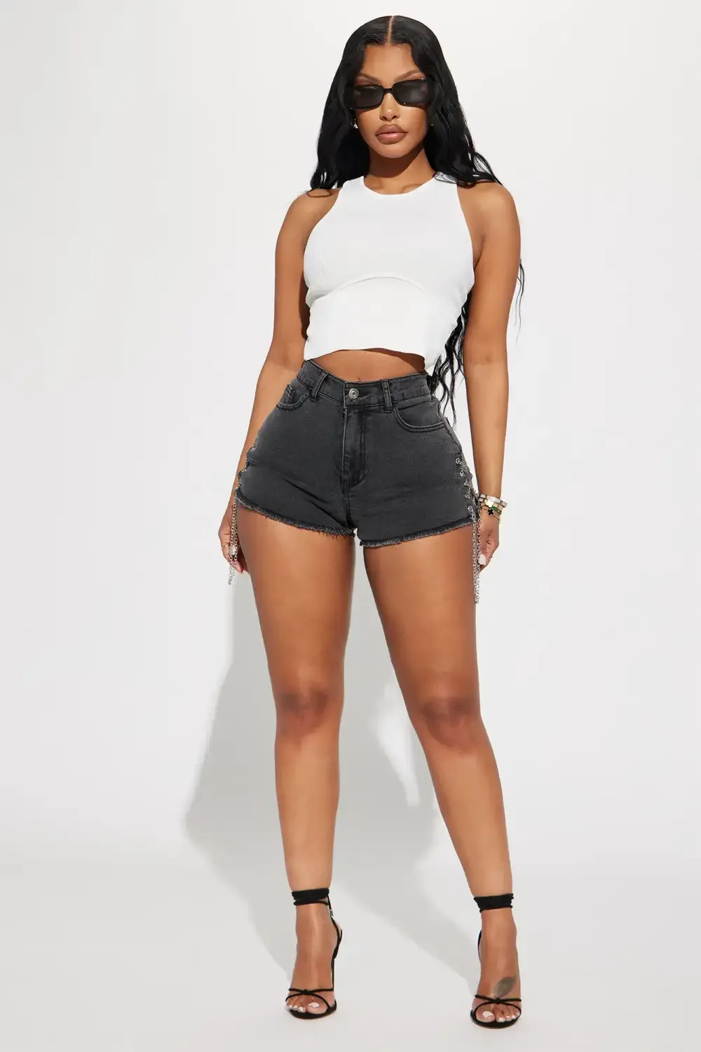 Yanking My Chain Lace Up Stretch Denim Shorts - Black Wash