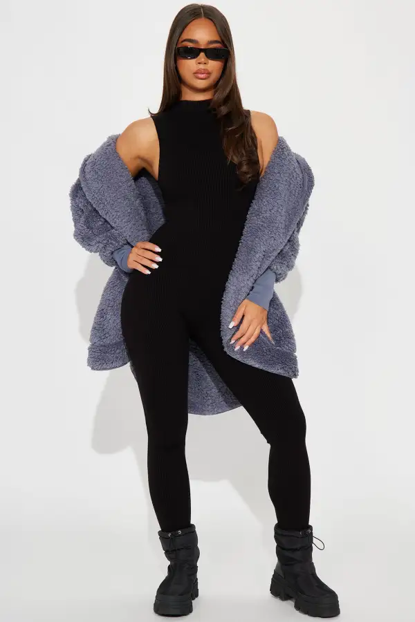 Cozied Up Together Faux Sherpa Jacket - Slate Blue