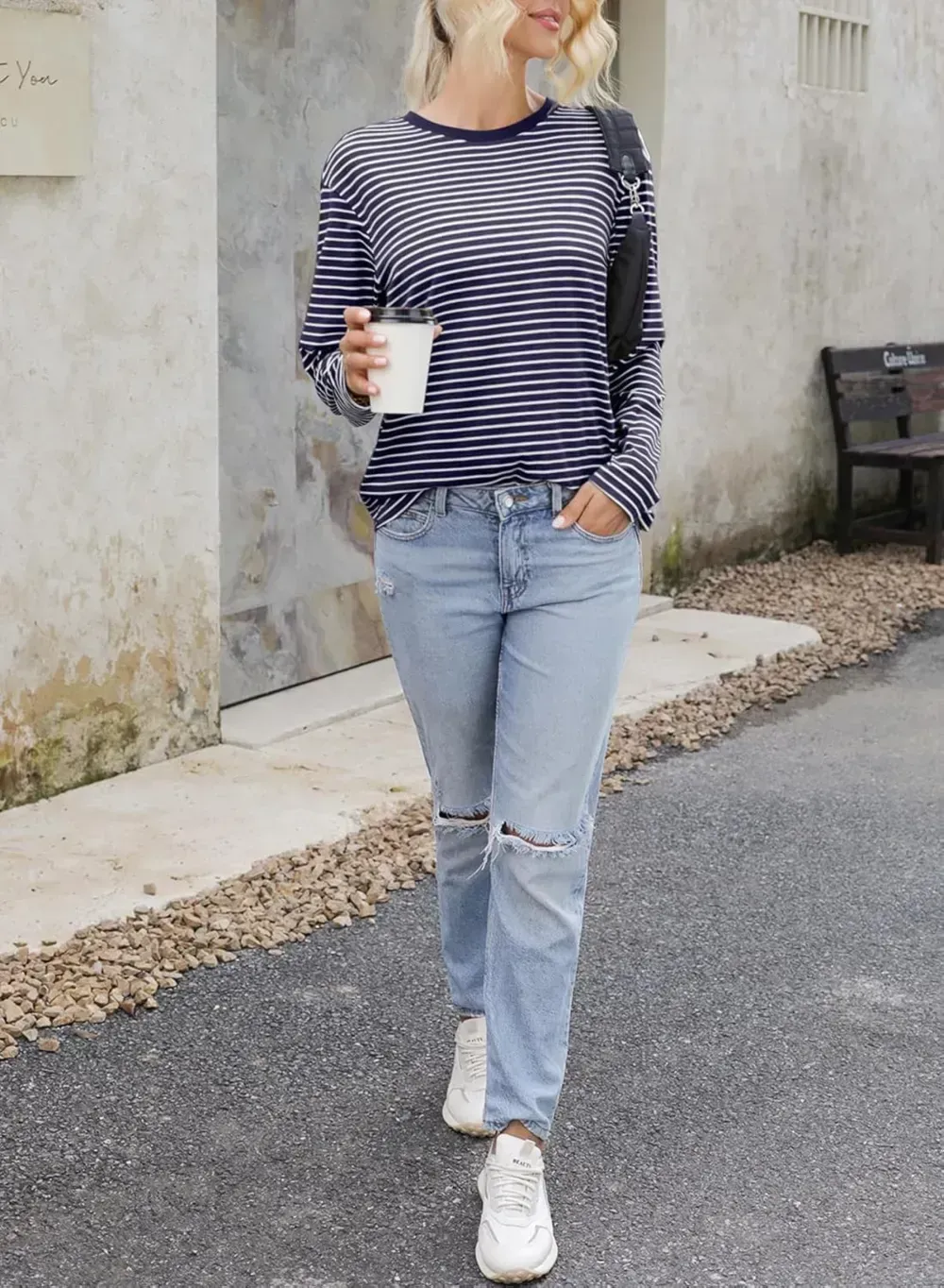 Dokotoo Women's Casual Striped Long Sleeve Tops Crew Neck Knit Ribbed Basic T Shirts