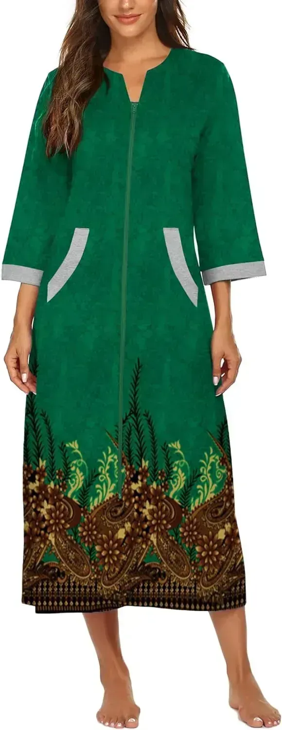 Women Zipper Robe 3/4 Sleeves Loungewear Dress Full Length Sleepwear Pockets Housecoat Nightgown Long Bathrobe