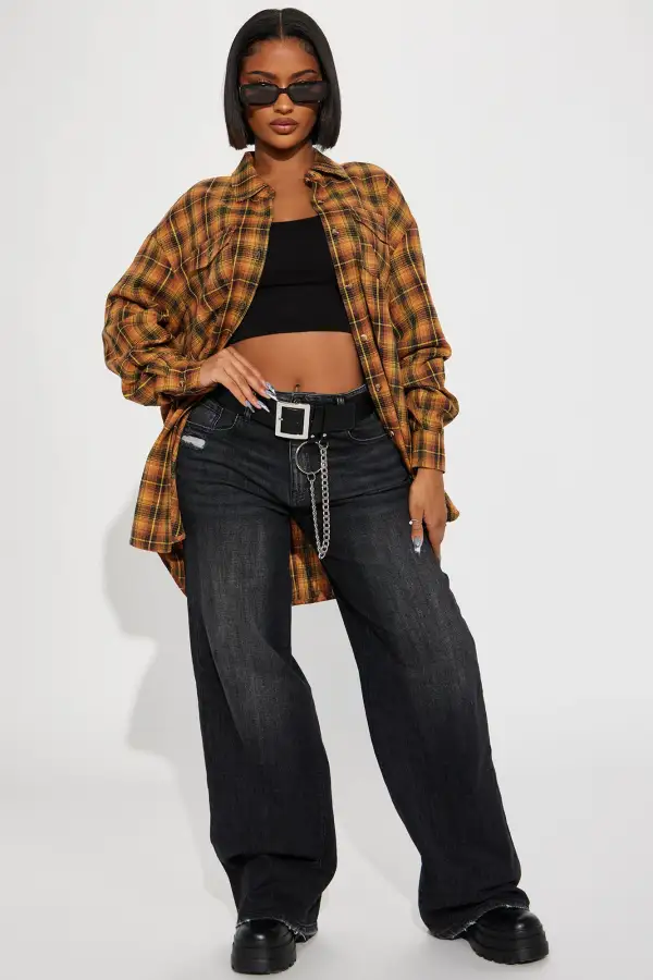 Pretty in Plaid Oversized Flannel Top - Mustard/combo