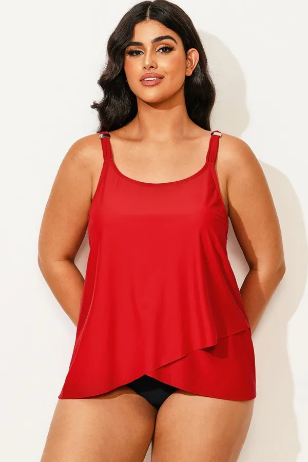 Solid Red Flowy Front Full Straight Back Tankini Top
