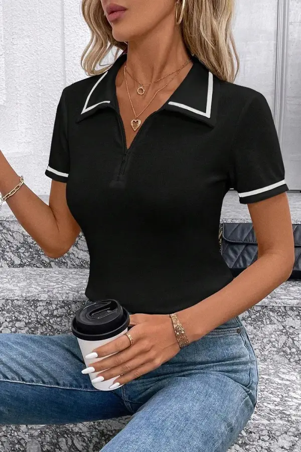 Stripe Half Zip Short Sleeve T-Shirt