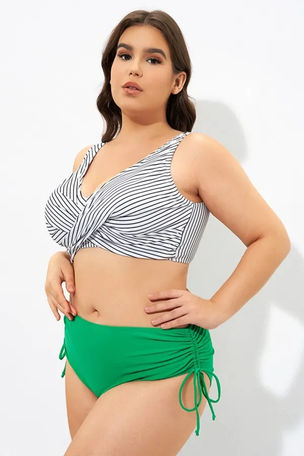 Stripe Front Cross Lace Up Women's Bikini Top