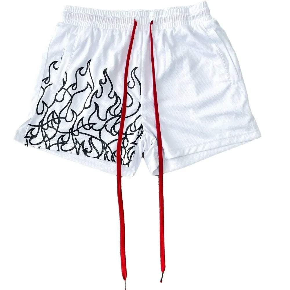 MUAY THAI FLAME SHORTS (MID THIGH CUT) - WHITE / BLACK