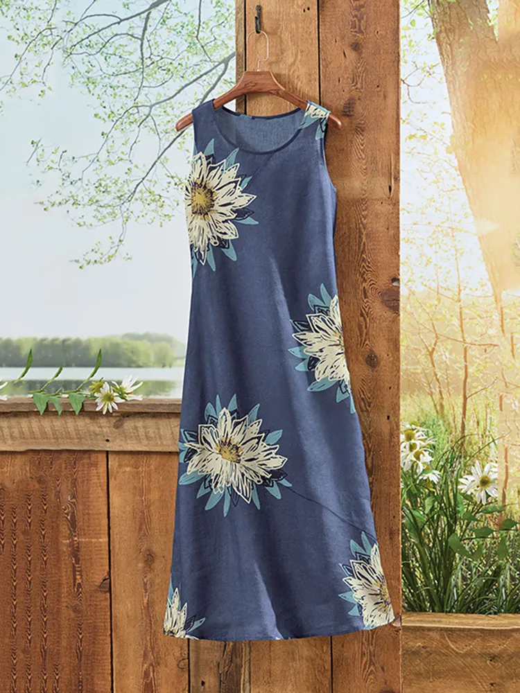 Vintage Floral Art Linen Sleeveless Dress
