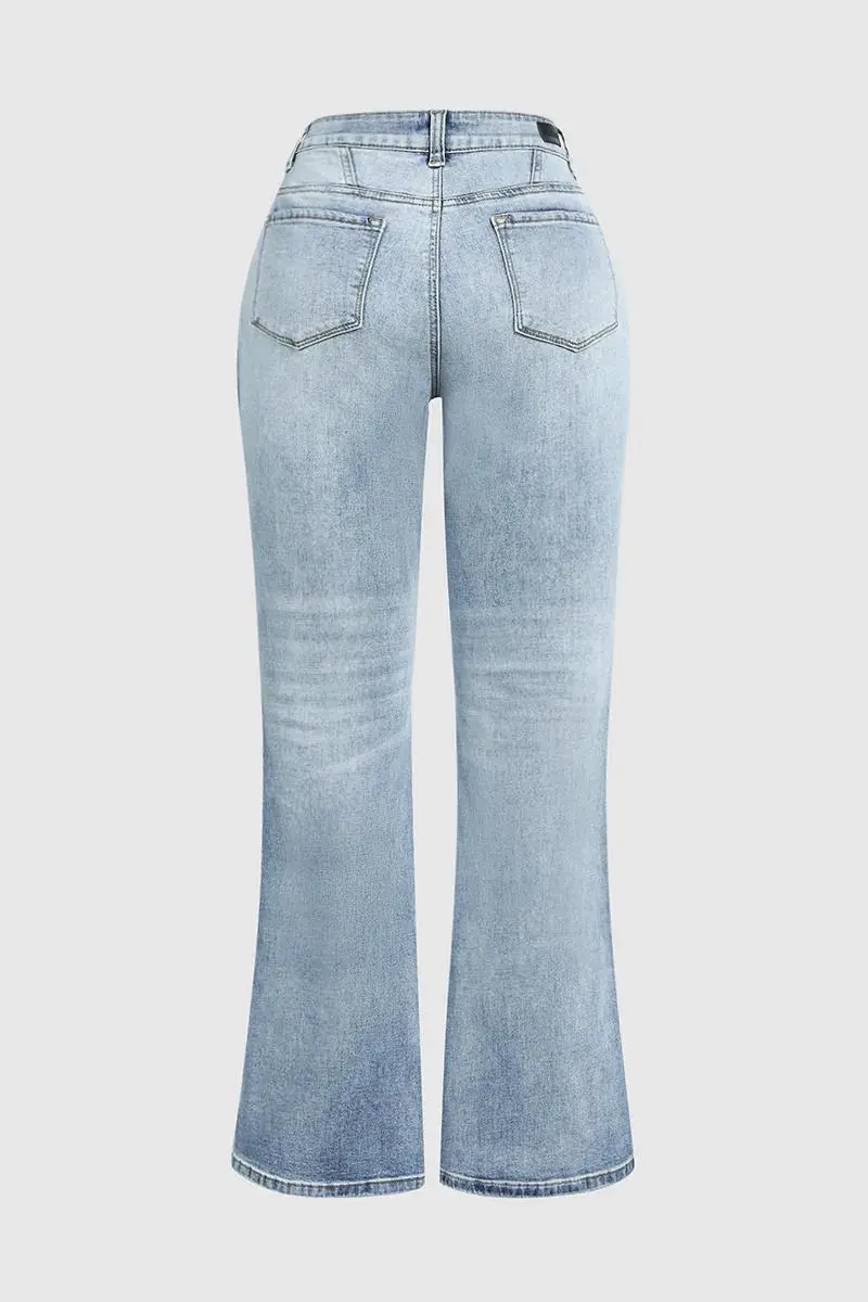 Cut & Sew Button Fly Mid Waist Flare Jeans