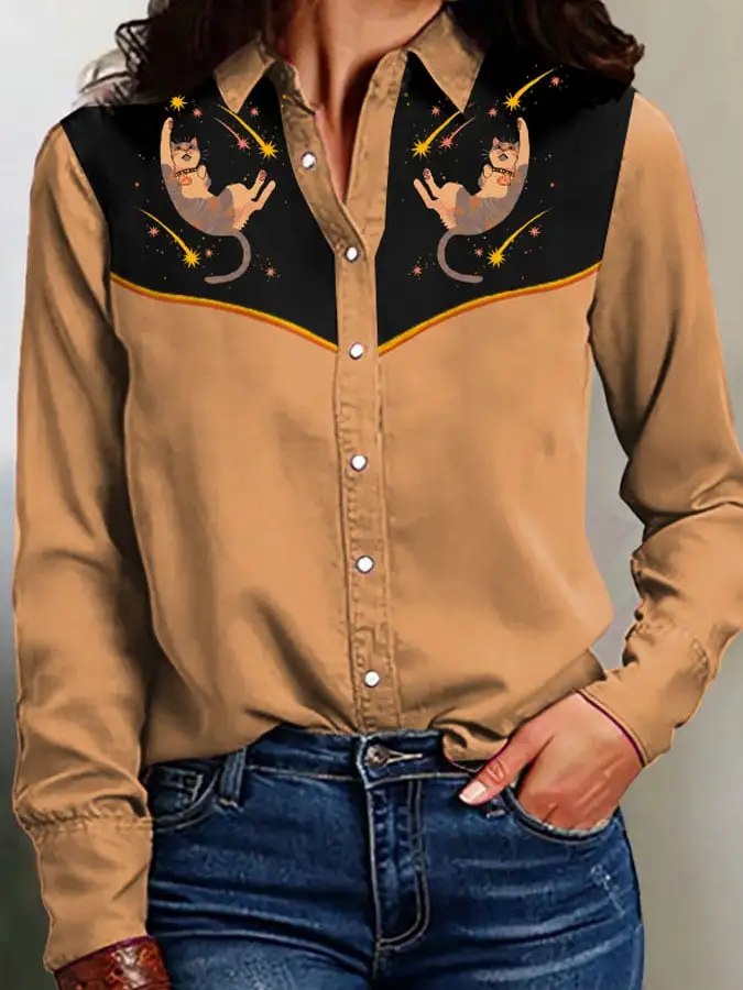 Women's Vintage Western Art Print Casual Linen Blouse