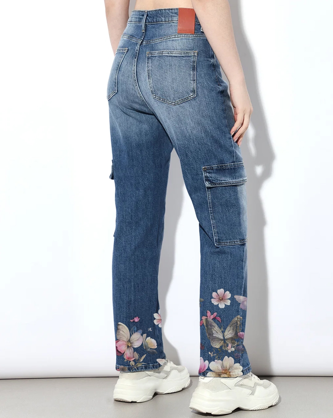 Blue High Rise Cargo Jeans with Floral Embroidery