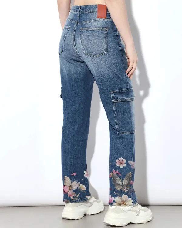 Blue High Rise Cargo Jeans with Floral Embroidery