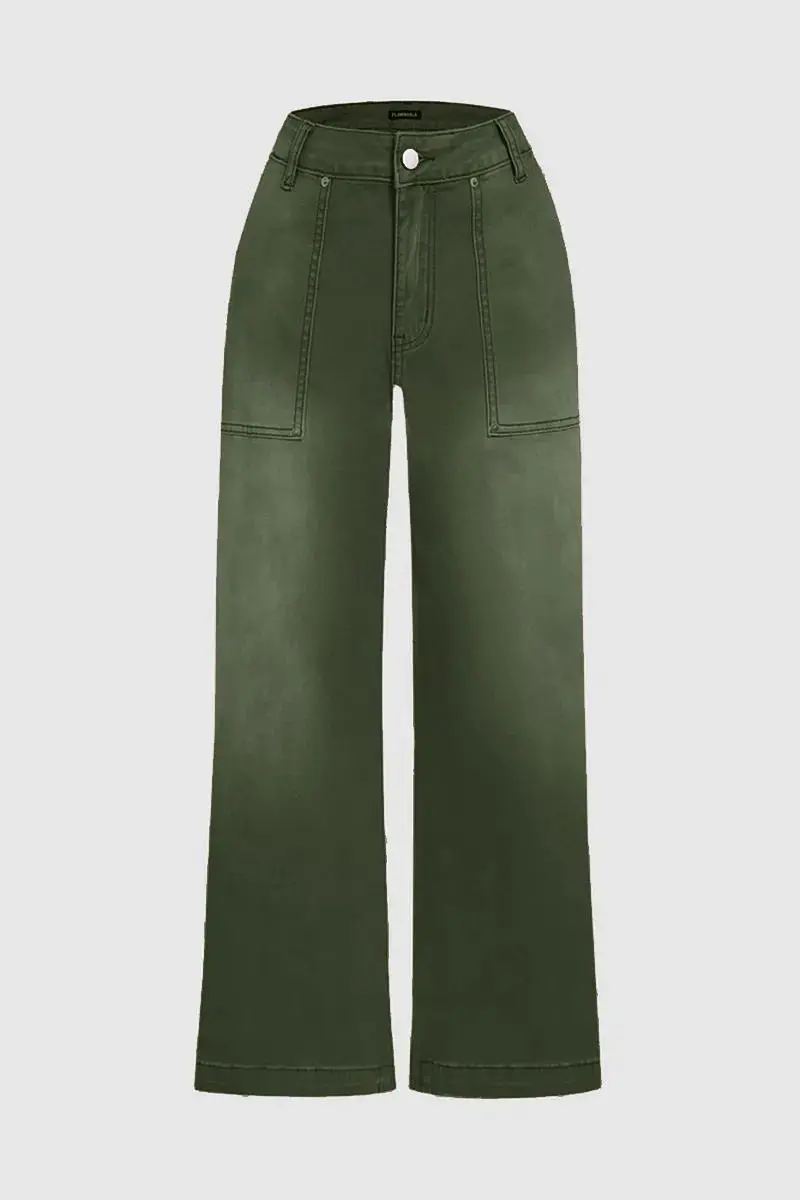 Flap Pocket Back Mid Waist Crop Pants Without Belt