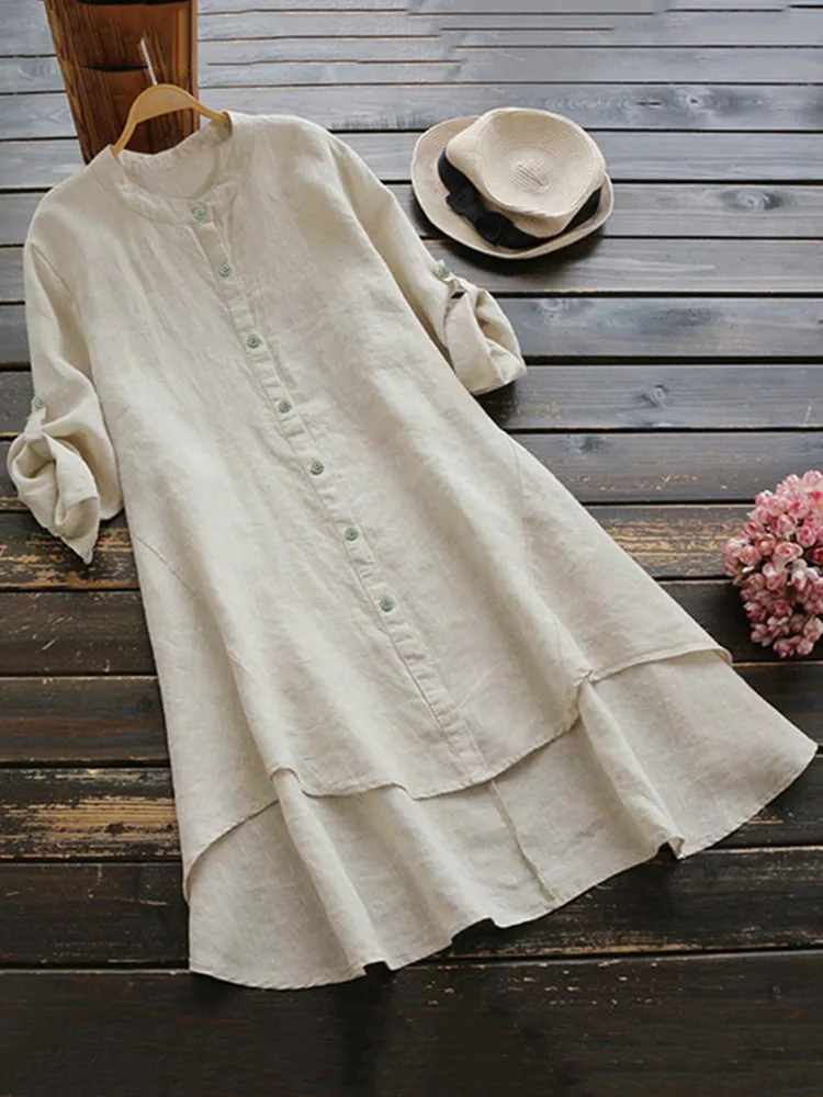 Vintage Button Cotton Linen Midi Dress