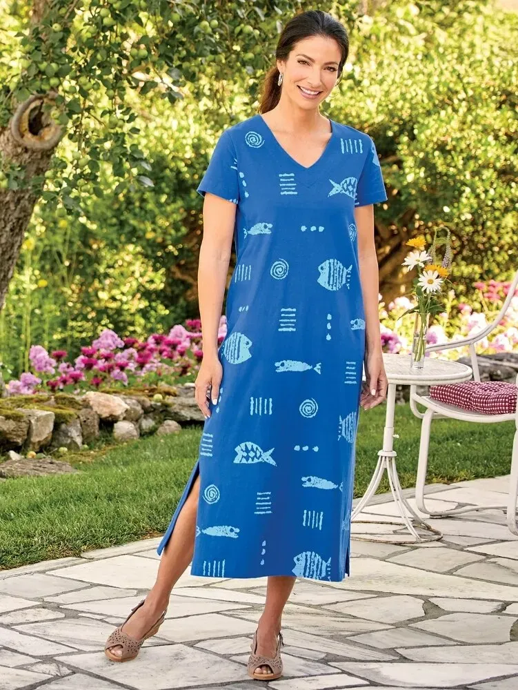 M.MAC Rock Fish Ankle-Length Cotton Knit V-Neck Dress