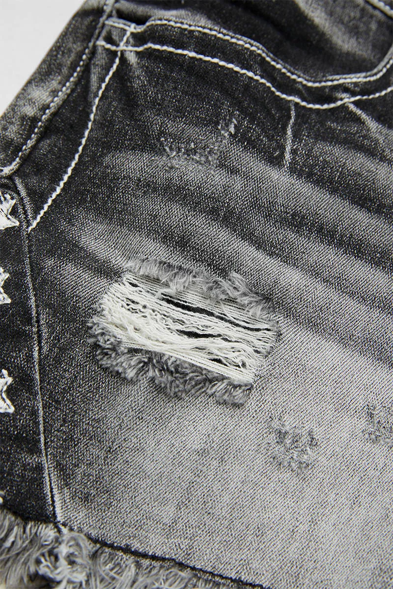 Star & Striped Embroidered Ripped Raw Hem Denim Shorts