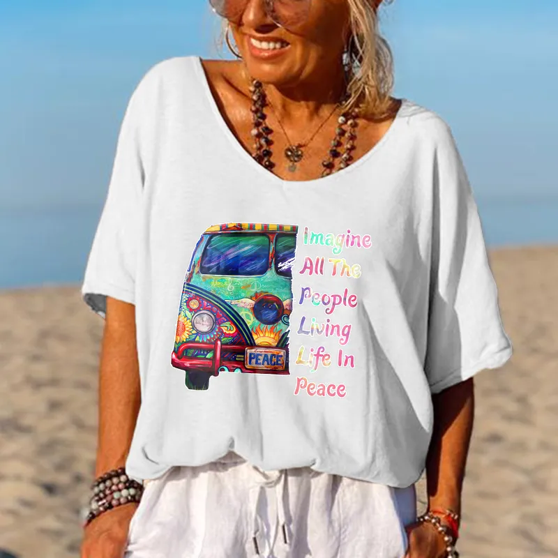 Hippie Imagine All The People Living Life In The Peace Graphic Tees
