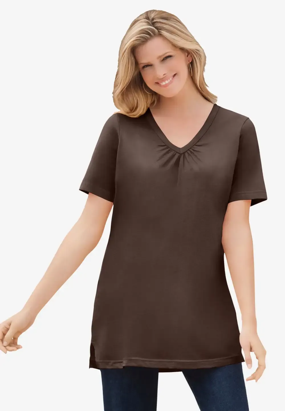 Perfect Short-Sleeve Shirred V-Neck Tunic