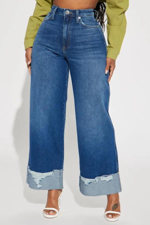 Under Your Spell Cuffed Wide Leg Jeans - Dark Wash