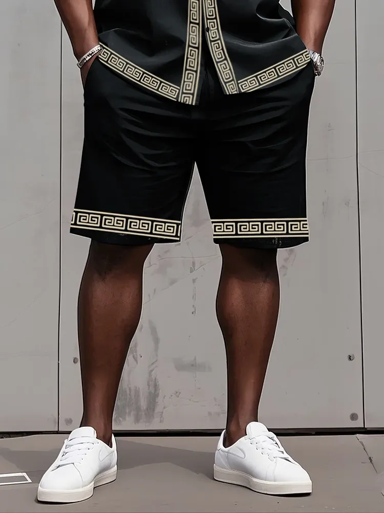 Big Man'S Retro Daily Casual Edge Color Block Printing Short Sleeve Shirt Shorts Suit