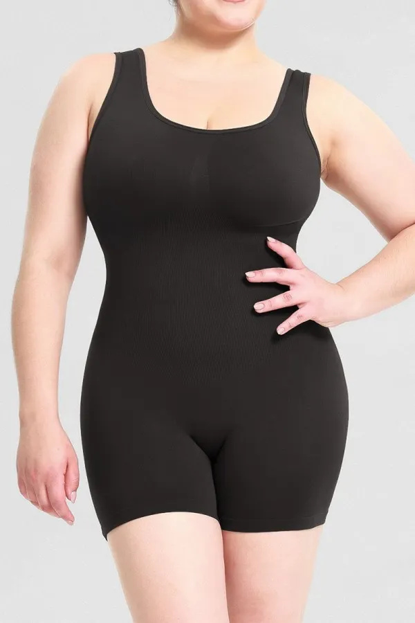 Black Wide Straps Scoop Neck Mid-Thigh Bodysuit