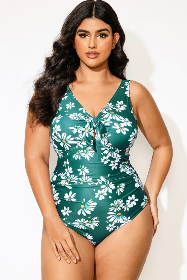 Plus Size Daisy Print Knotted Ruched One Piece Swimsuit
