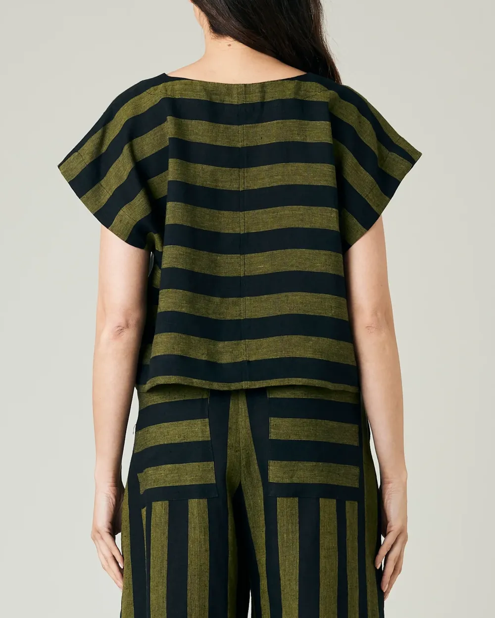 BLACK & OLIVE STRIPE LINEN TOP