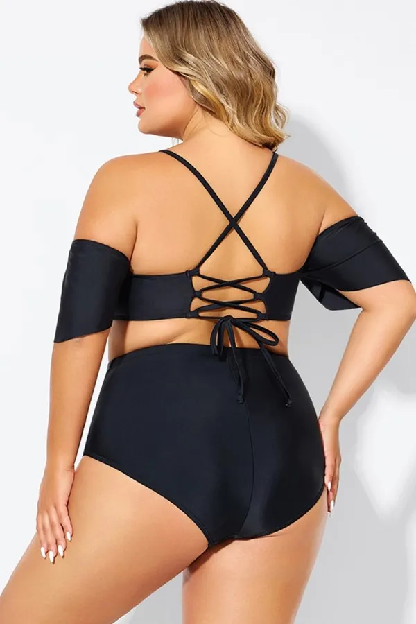 Black Lace Up Off the Shoulder Ruffle Bikini Top