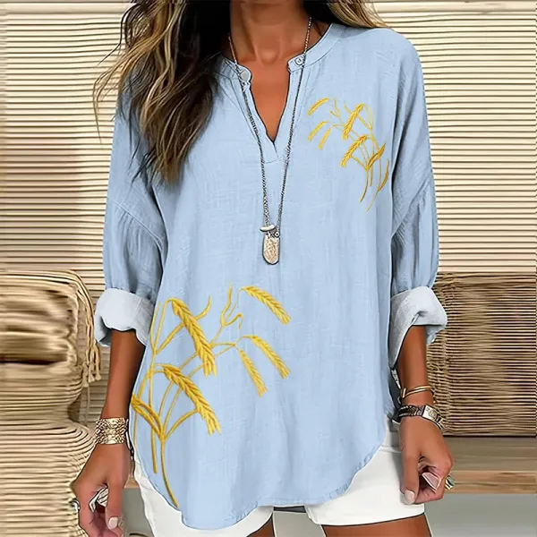 Women's Ukraine Embroidered V-neck Linen Blend Blouse