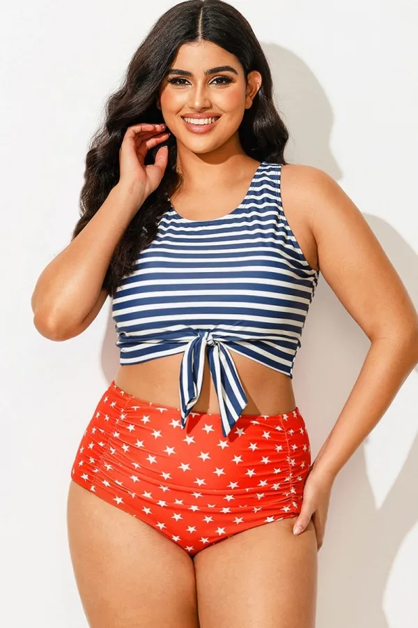 Blue & White Striped Knotted Crop Bikini Top