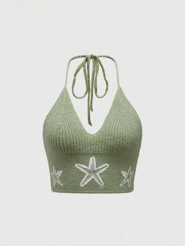 Fairycore Women Summer Knitted Top With Pentagram Pattern Neck Strap