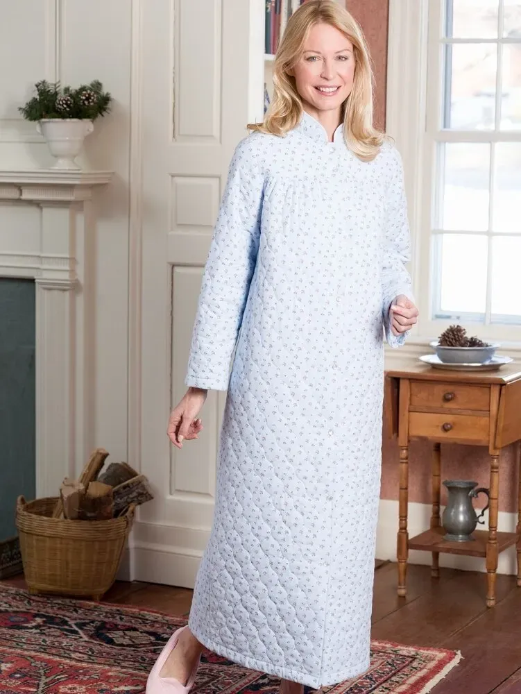 Women's Double-Quilted Long Cotton Flannel Robe