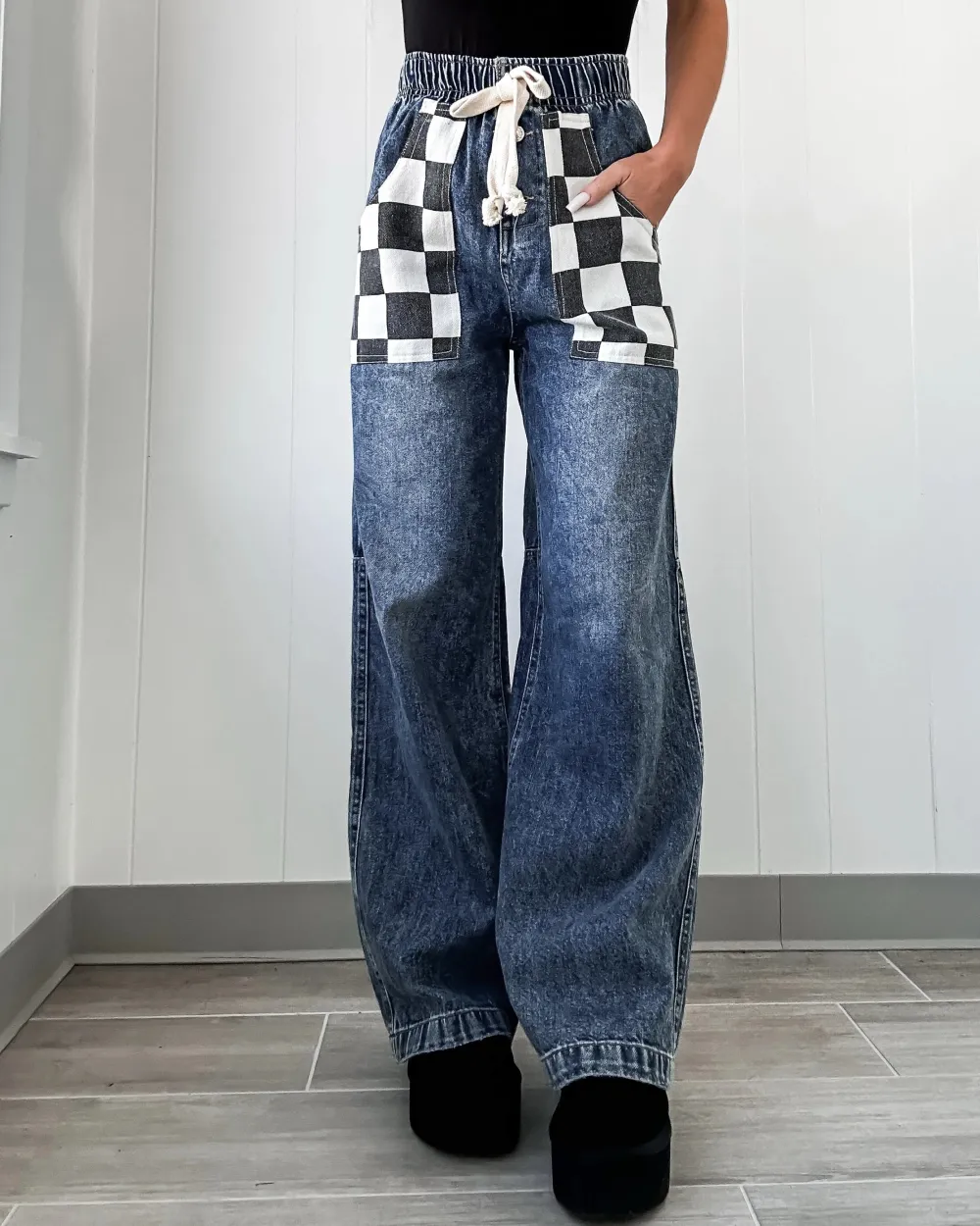 Glam Checkered Pocket Jeans - Denim