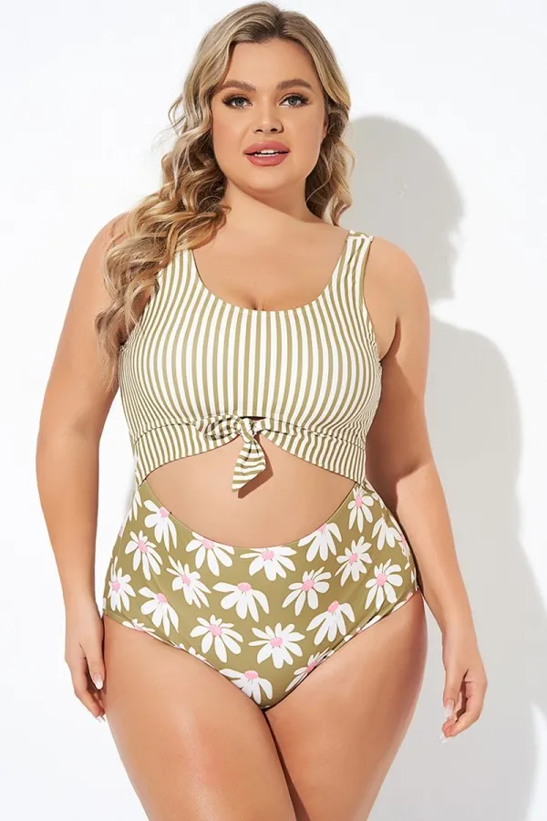 Leopard Print Stripe Knotted One Piece Swimsuit