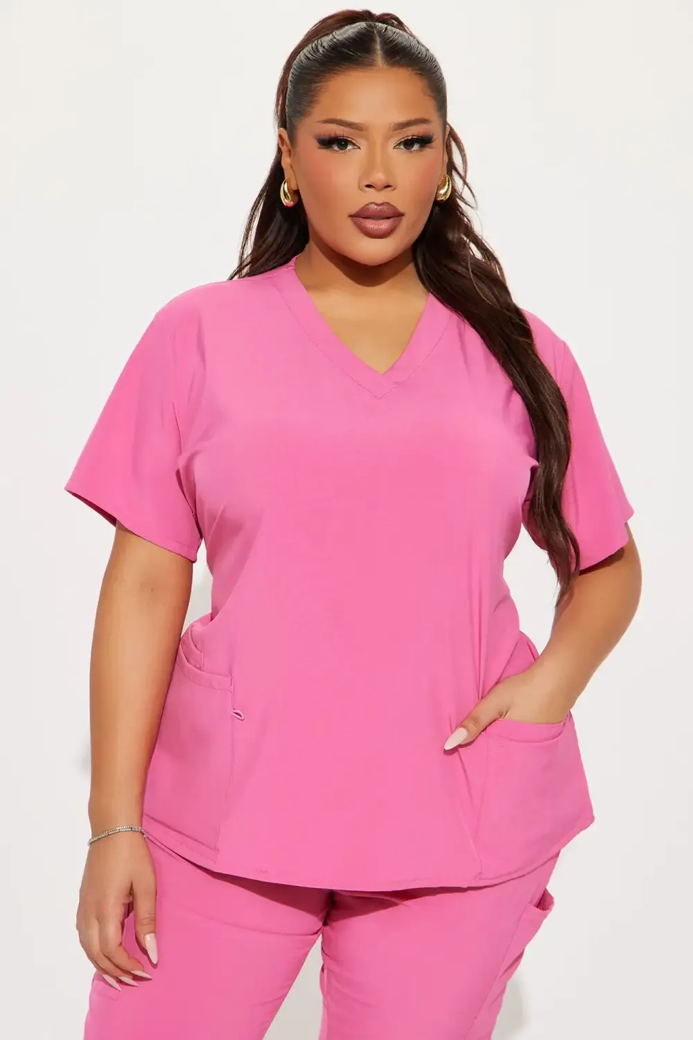 Working On It Stretch Uniform Scrub Jogger Set - Hot Pink