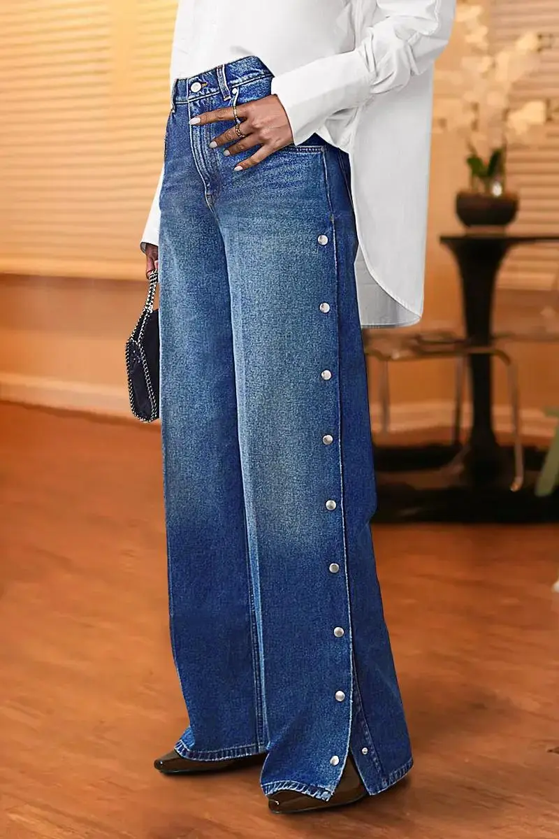Snap Button Side High Waist Straight Leg Jeans