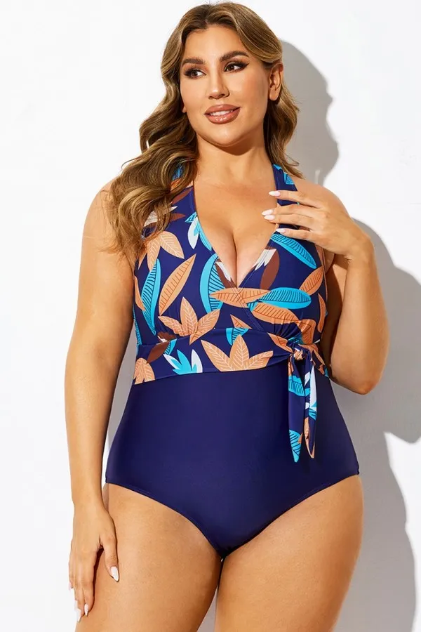 Tropical Print V-Neck Crossback One Piece Swimsuit