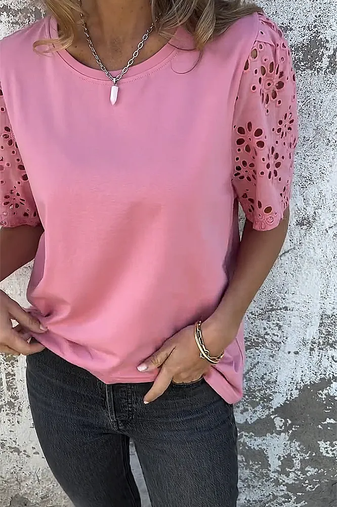 Women's solid color spliced hollow T-shirt