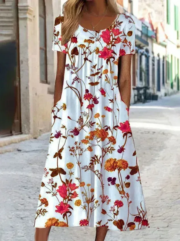 Blumenmuster Midi-Kleid Jersey Rundhals Kurzarm lässiger Stil Noracora