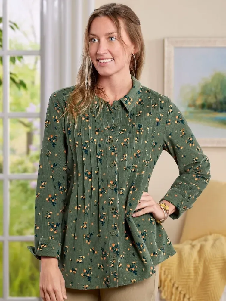 Women's Pintucked Floral Corduroy Tunic Top