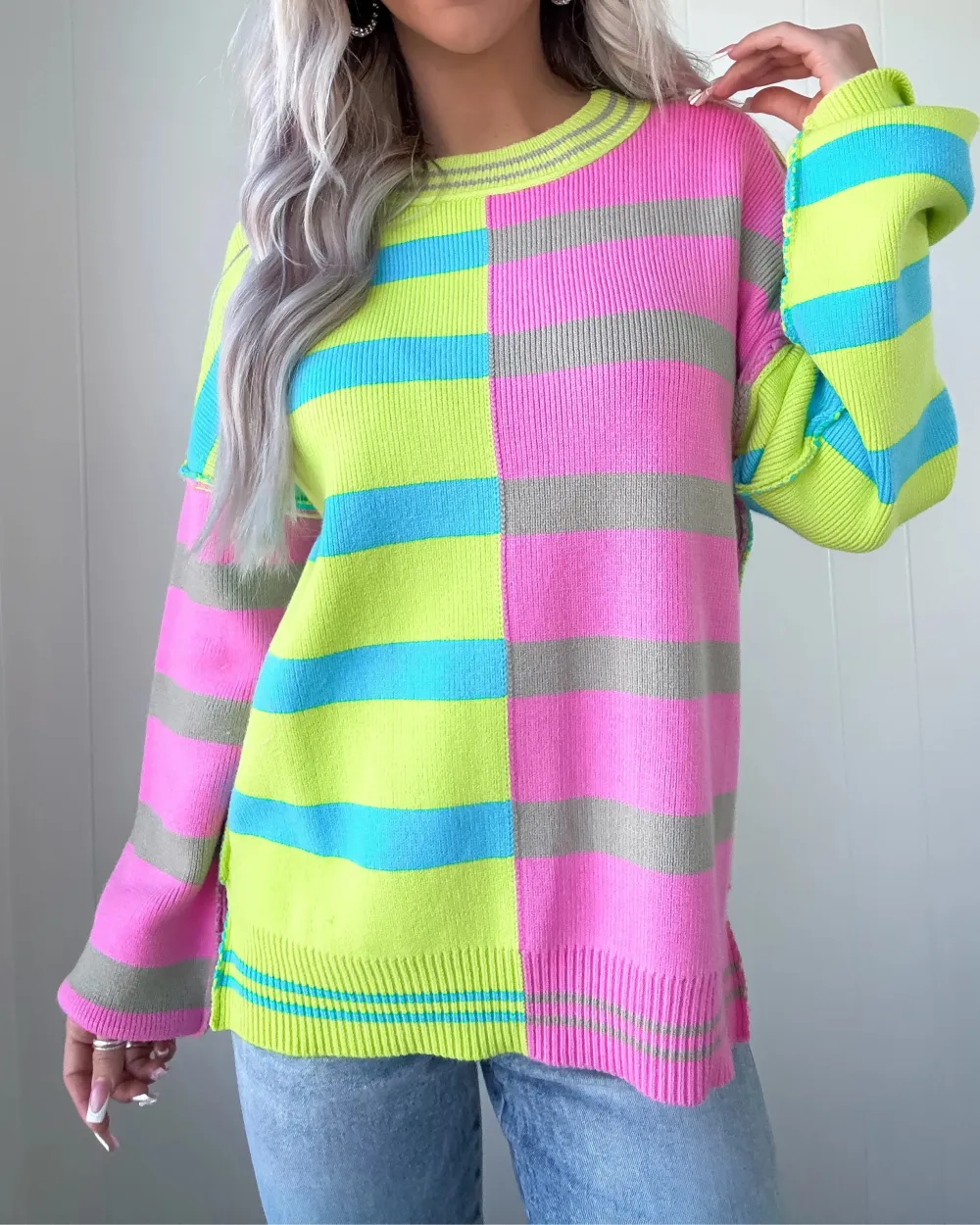 Colorblock Striped Sweater - Lime
