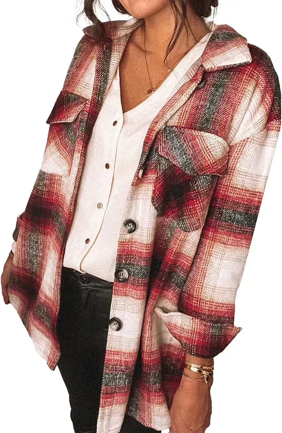 Women's 2023 Fall Clothes Plaid Shacket Jacket Long Sleeve Button Down Flannel Shirts Fashion Blouse
