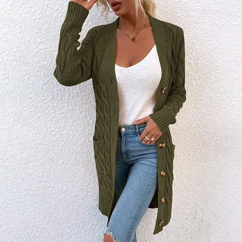 New long coat twist rope solid color cardigan sweater