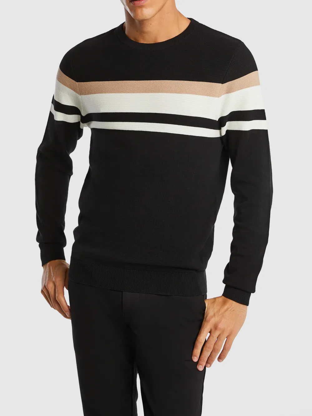 Black Striped Crew Neck Knit Sweater